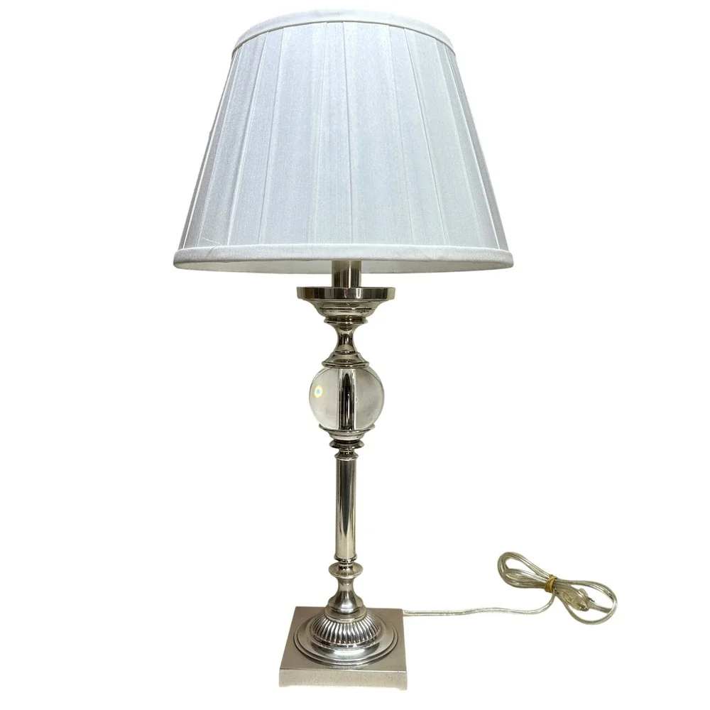 Restoration Hardware Polished Nickel Crystal Ball Orb Table Lamp w Pleated Shade